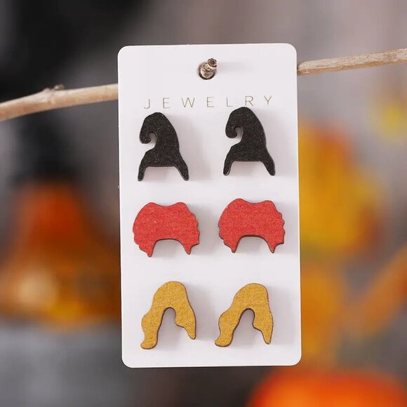 3 Pairs Halloween Hocus Pocus Design Stud Earrings Set Wooden Jewelry New - Picture 1 of 1